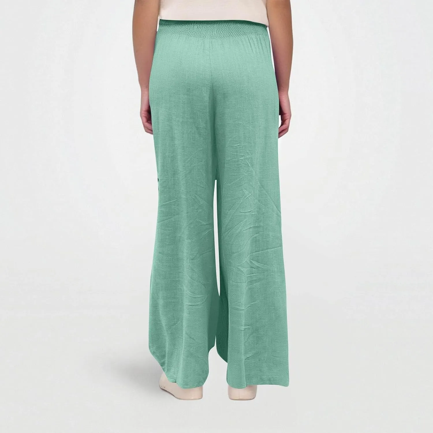 Linen Beach Pants Women Summer High Waist Palazzo Pants Smocked Wide Leg Pant Flowy Trousers with Pockets