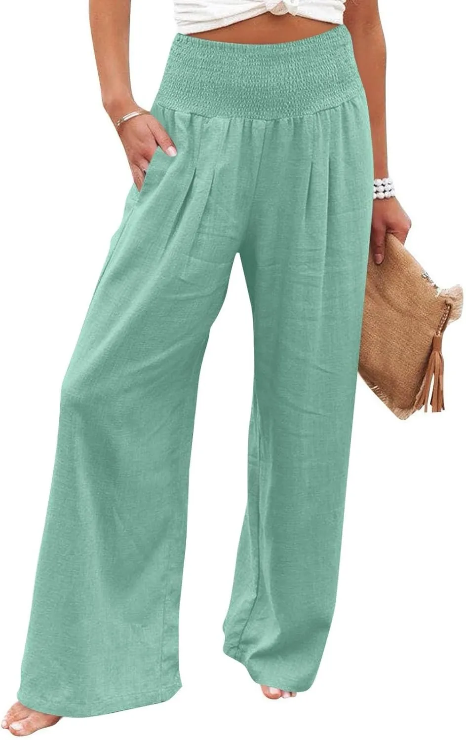 Linen Beach Pants Women Summer High Waist Palazzo Pants Smocked Wide Leg Pant Flowy Trousers with Pockets