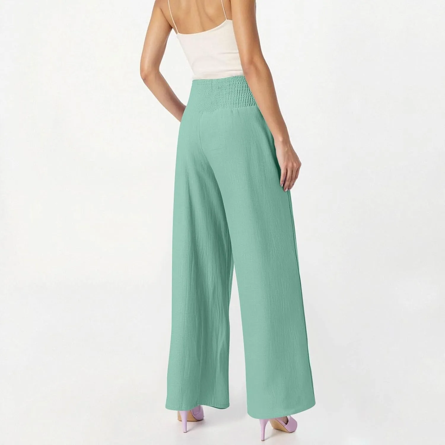 Linen Beach Pants Women Summer High Waist Palazzo Pants Smocked Wide Leg Pant Flowy Trousers with Pockets