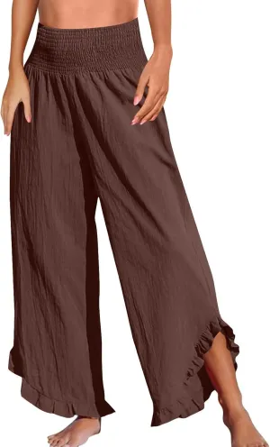 Linen Palazzo Pants Women High Waisted Wide Leg Casual Beach Elastic Waist Summer Ruffle Cropped Pants with Pockets