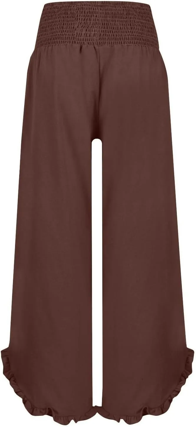 Linen Palazzo Pants Women High Waisted Wide Leg Casual Beach Elastic Waist Summer Ruffle Cropped Pants with Pockets