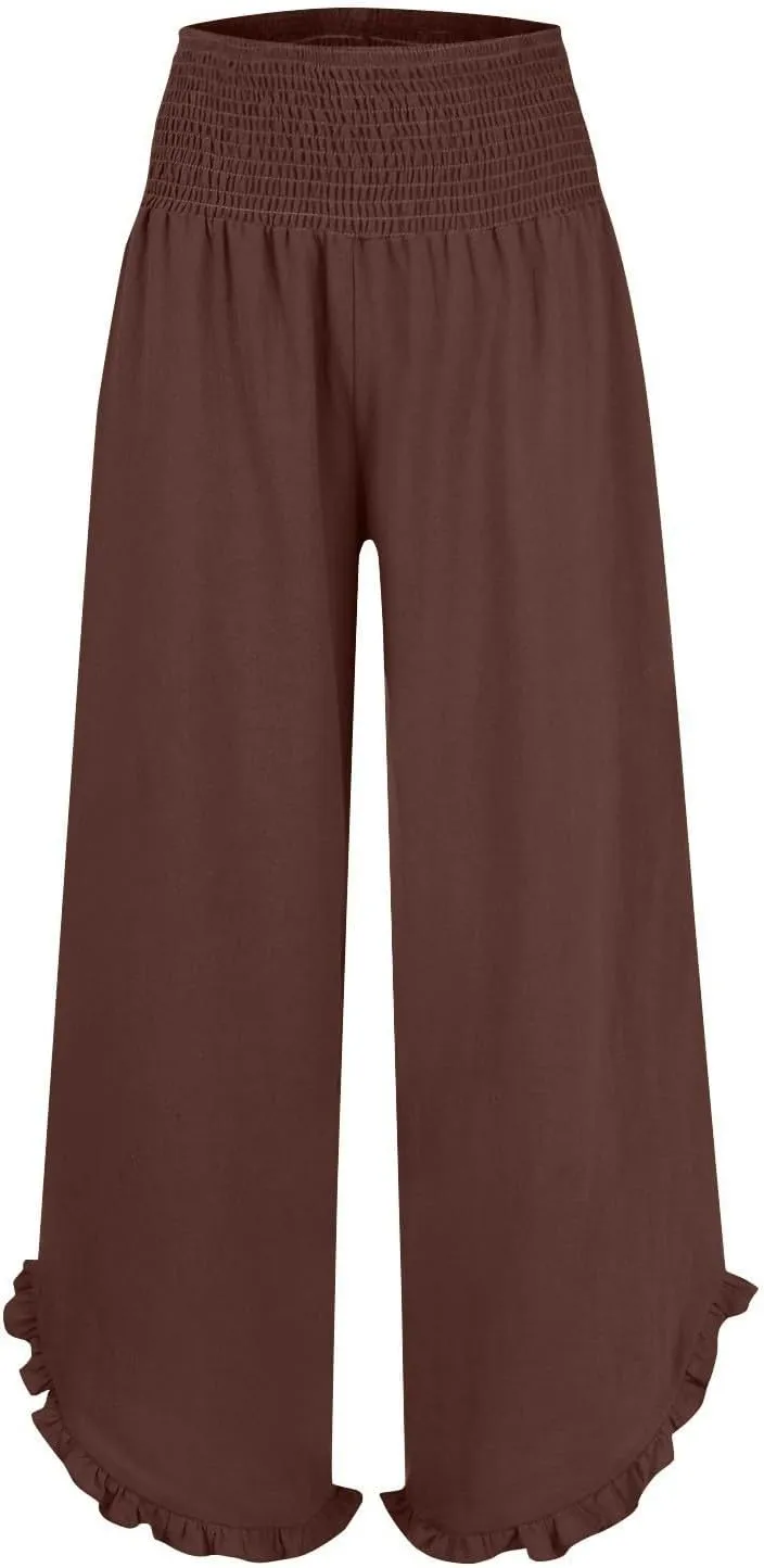 Linen Palazzo Pants Women High Waisted Wide Leg Casual Beach Elastic Waist Summer Ruffle Cropped Pants with Pockets