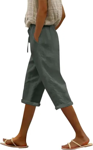 Linen Pants Capri Pants Cotton Wide Leg High Waisted Dressy Trousers Casual Summer Lounge Trousers