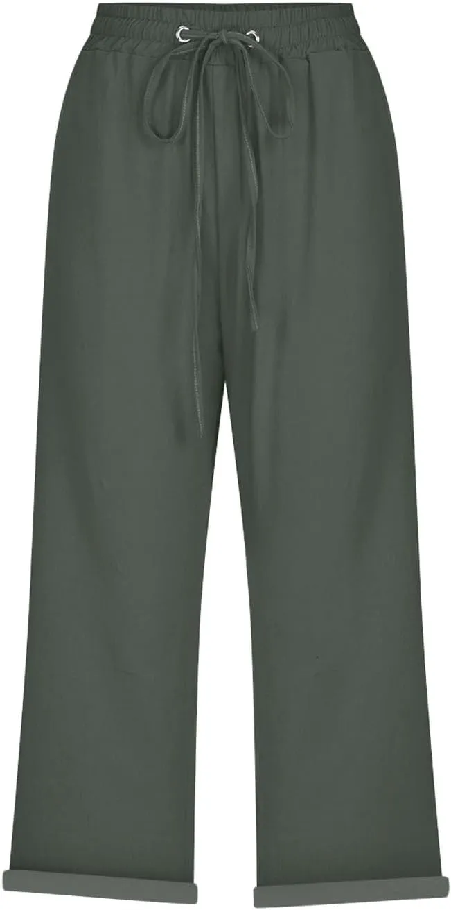 Linen Pants Capri Pants Cotton Wide Leg High Waisted Dressy Trousers Casual Summer Lounge Trousers