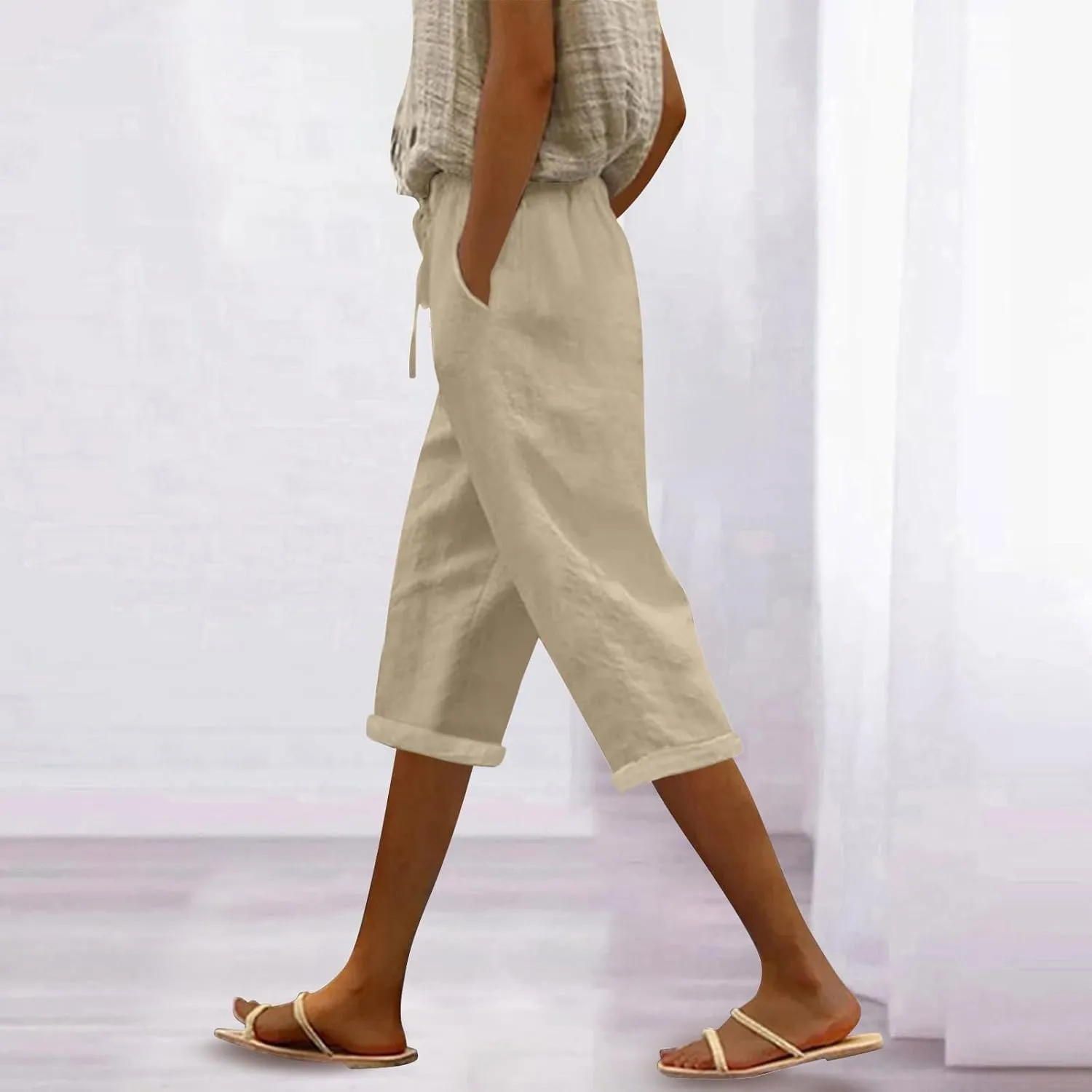 Linen Pants Capri Pants Cotton Wide Leg High Waisted Dressy Trousers Casual Summer Lounge Trousers
