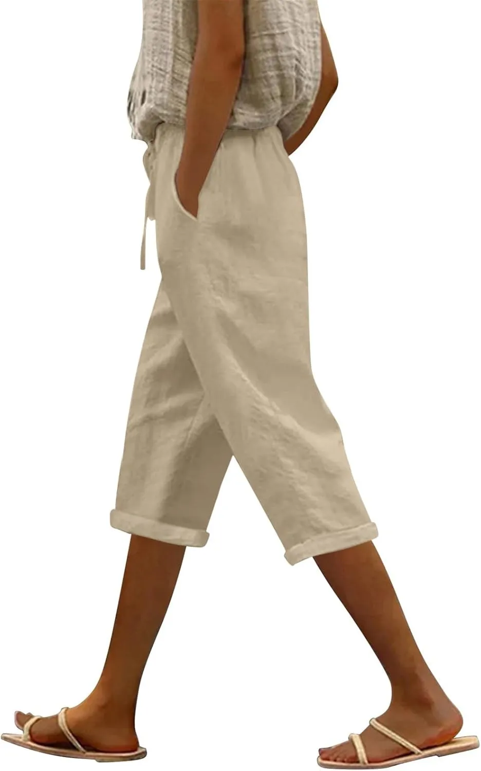 Linen Pants Capri Pants Cotton Wide Leg High Waisted Dressy Trousers Casual Summer Lounge Trousers
