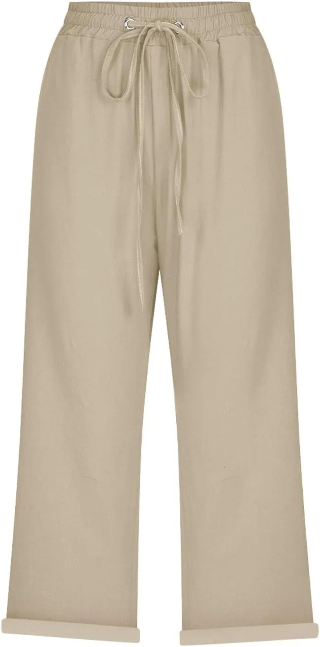 Linen Pants Capri Pants Cotton Wide Leg High Waisted Dressy Trousers Casual Summer Lounge Trousers