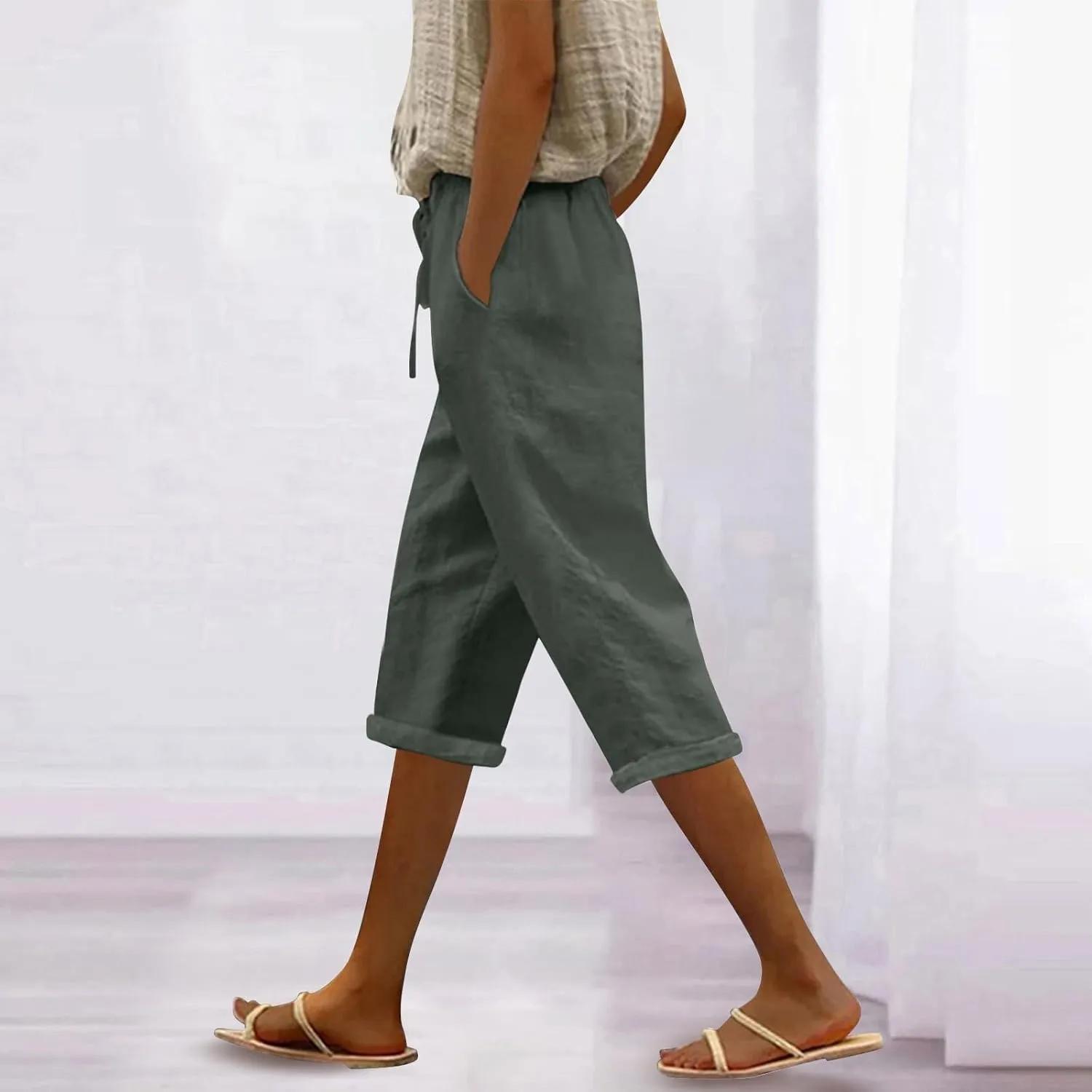 Linen Pants Capri Pants Cotton Wide Leg High Waisted Dressy Trousers Casual Summer Lounge Trousers