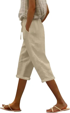 Linen Pants Capri Pants Cotton Wide Leg High Waisted Dressy Trousers Casual Summer Lounge Trousers