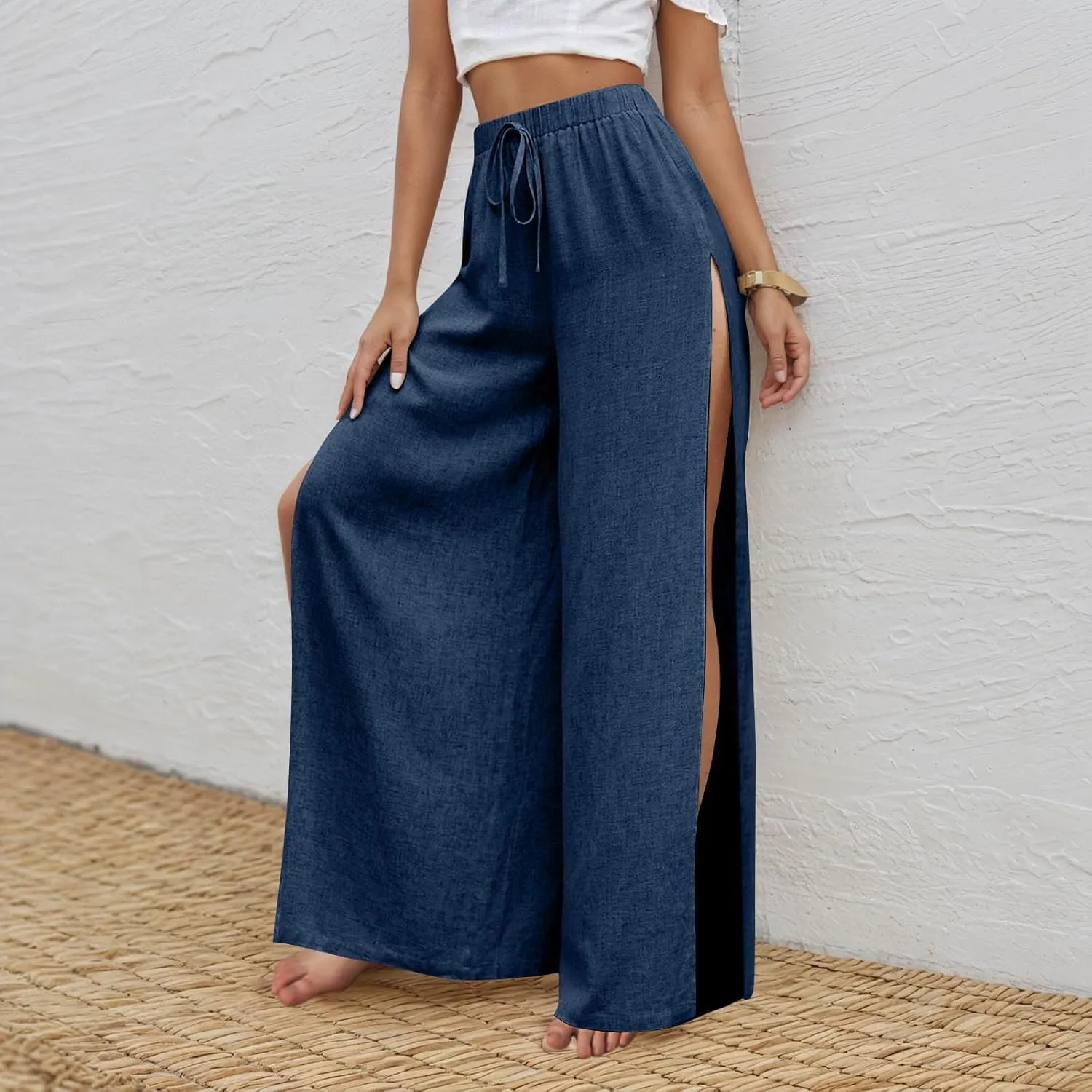 Linen Pants for Women Beach Wide Leg Side Split Ankle Palazzo Pants Drawstring Elastic Waist Summer Flowy Trousers