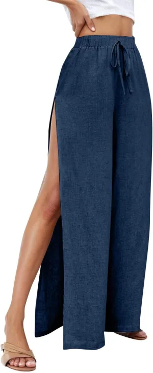Linen Pants for Women Beach Wide Leg Side Split Ankle Palazzo Pants Drawstring Elastic Waist Summer Flowy Trousers