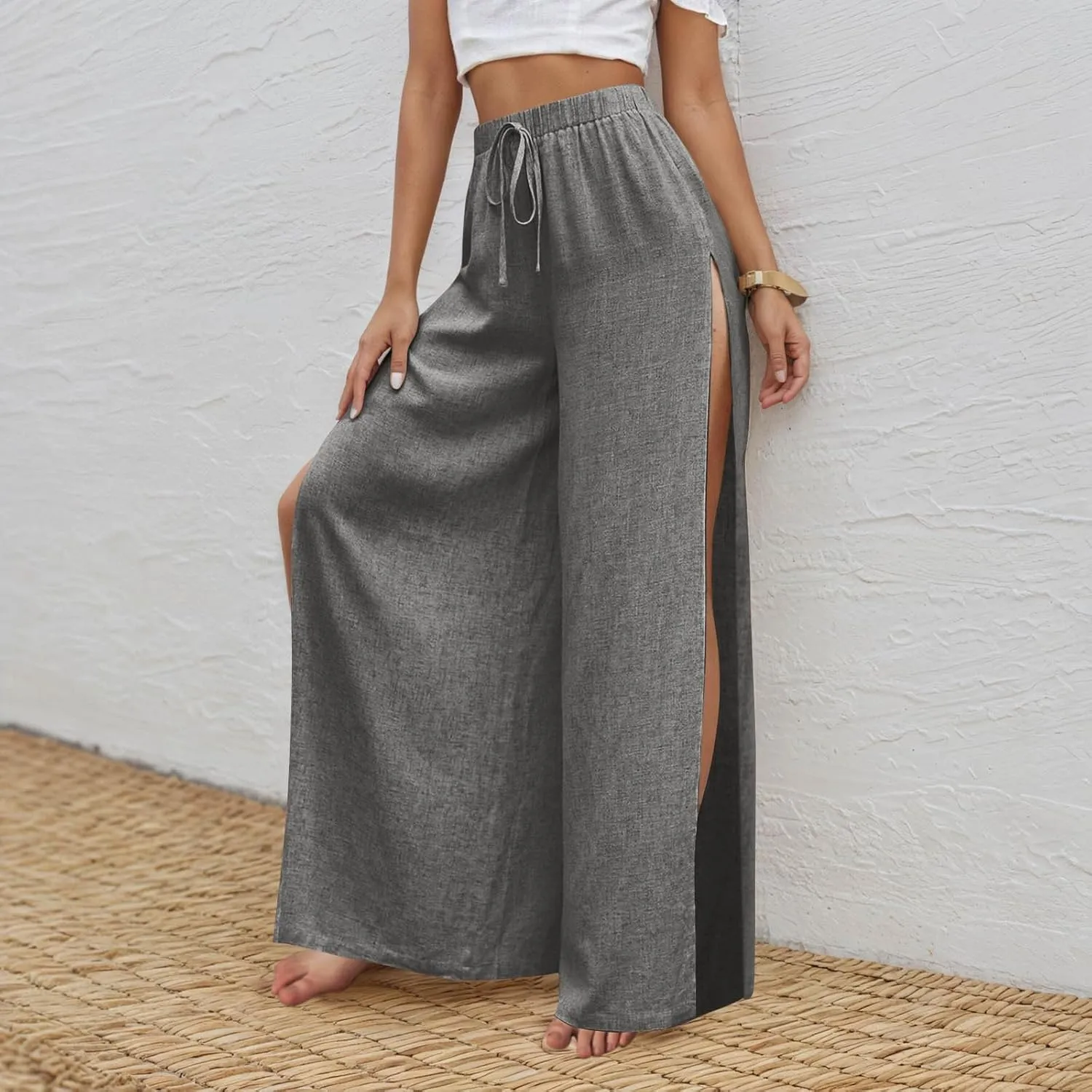 Linen Pants for Women Beach Wide Leg Side Split Ankle Palazzo Pants Drawstring Elastic Waist Summer Flowy Trousers