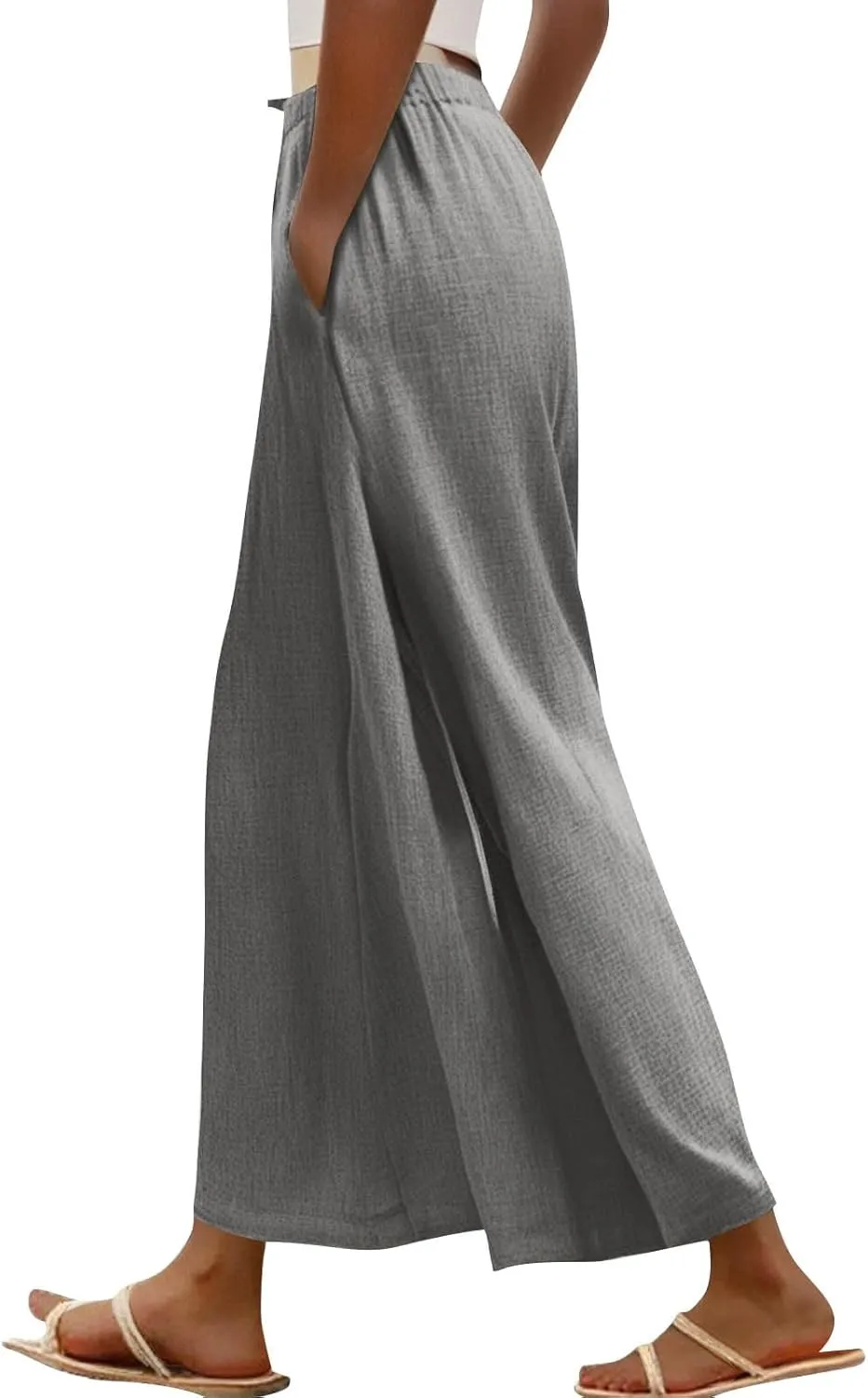 Linen Pants for Women Beach Wide Leg Side Split Ankle Palazzo Pants Drawstring Elastic Waist Summer Flowy Trousers