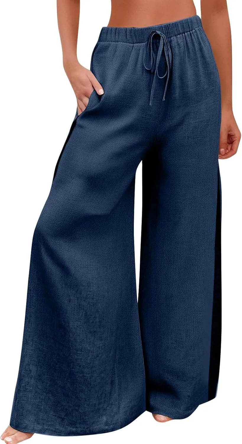 Linen Pants for Women Beach Wide Leg Side Split Ankle Palazzo Pants Drawstring Elastic Waist Summer Flowy Trousers