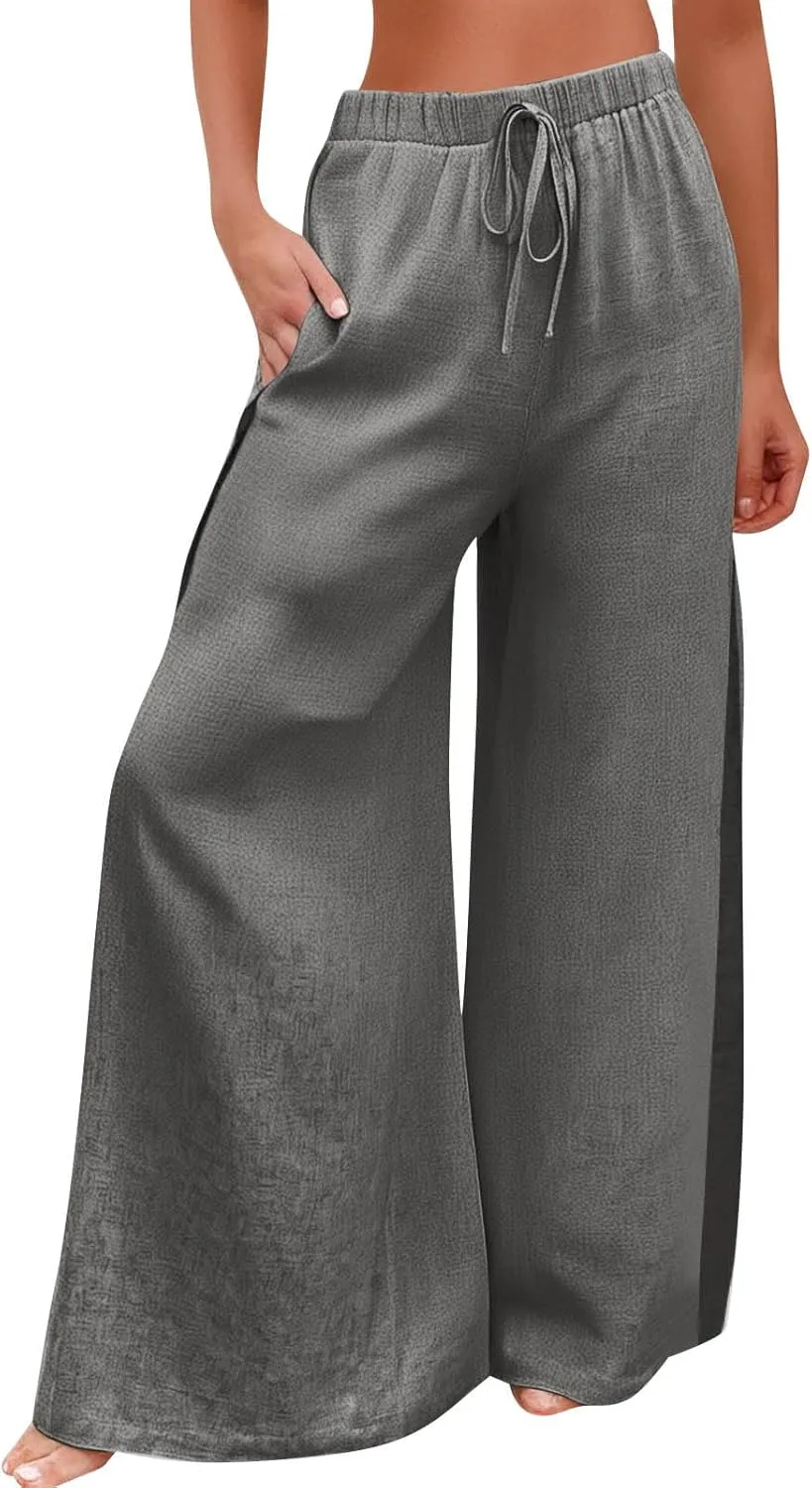 Linen Pants for Women Beach Wide Leg Side Split Ankle Palazzo Pants Drawstring Elastic Waist Summer Flowy Trousers