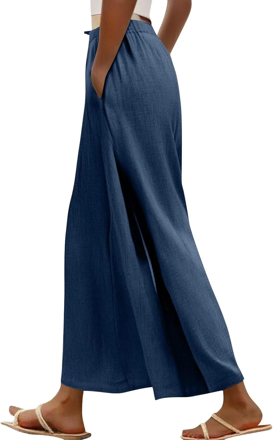 Linen Pants for Women Beach Wide Leg Side Split Ankle Palazzo Pants Drawstring Elastic Waist Summer Flowy Trousers