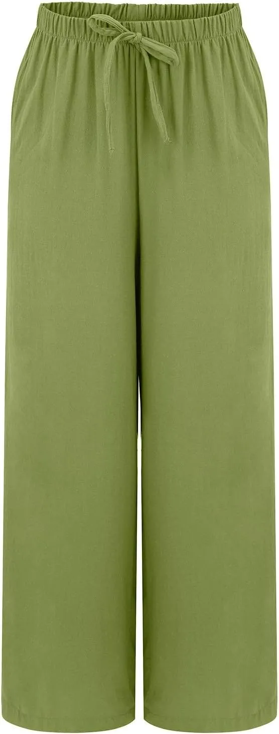 Linen Pants for Women High Waisted Wide Leg Pants Drawstring Elastic Waist Casual Trousers Summer Vacation Clothes