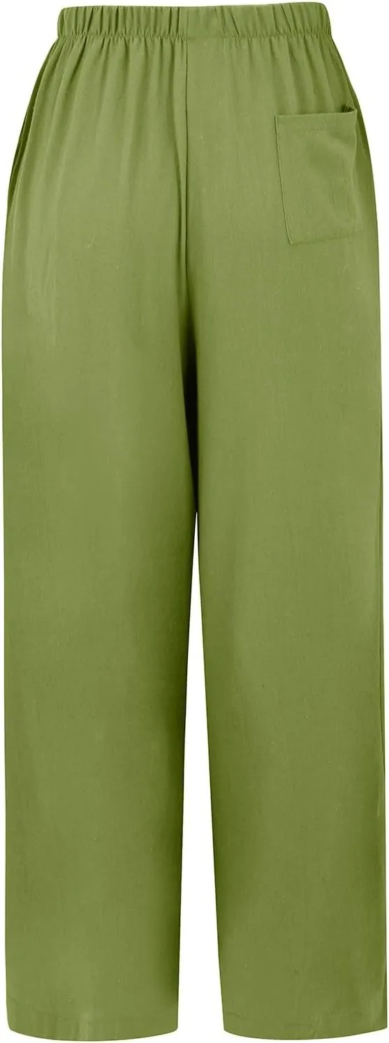 Linen Pants for Women High Waisted Wide Leg Pants Drawstring Elastic Waist Casual Trousers Summer Vacation Clothes