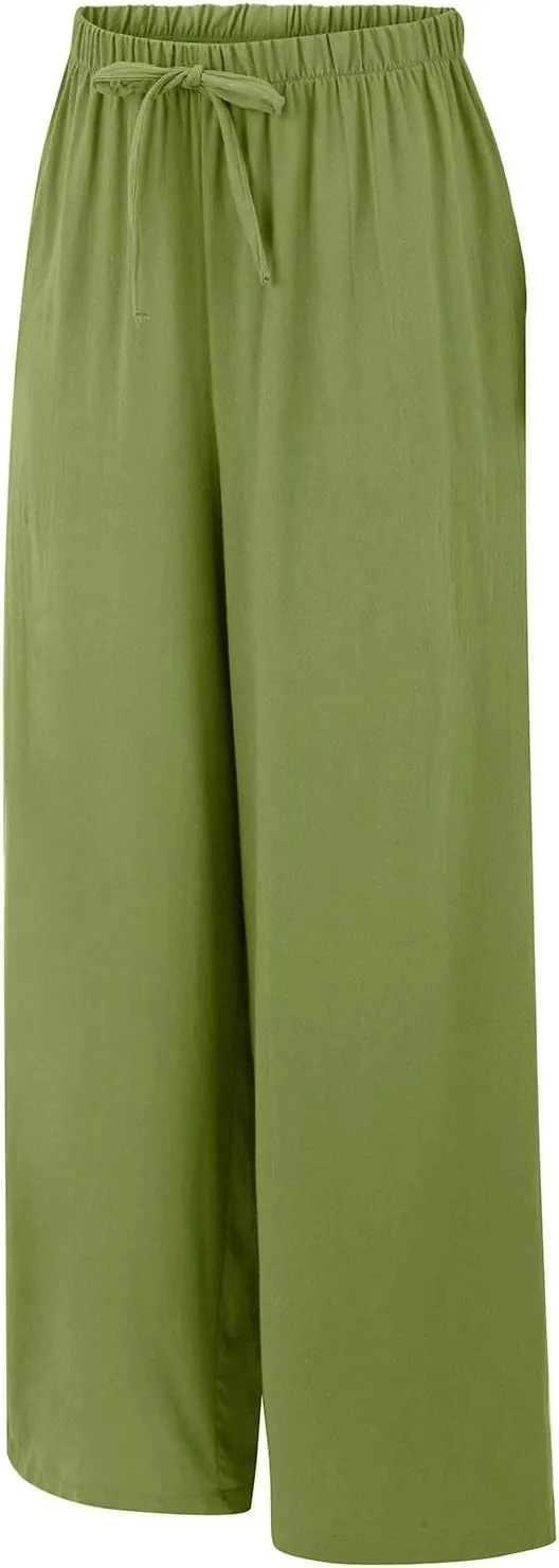 Linen Pants for Women High Waisted Wide Leg Pants Drawstring Elastic Waist Casual Trousers Summer Vacation Clothes