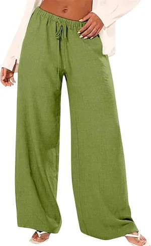 Linen Pants for Women High Waisted Wide Leg Pants Drawstring Elastic Waist Casual Trousers Summer Vacation Clothes