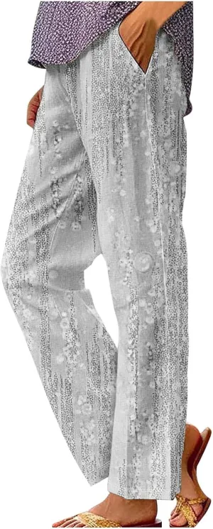Linen Pants for Women High Waisted Wide Leg Trousers Trendy Gradient Color Printed Elastic Waist Summer Gauze Pants