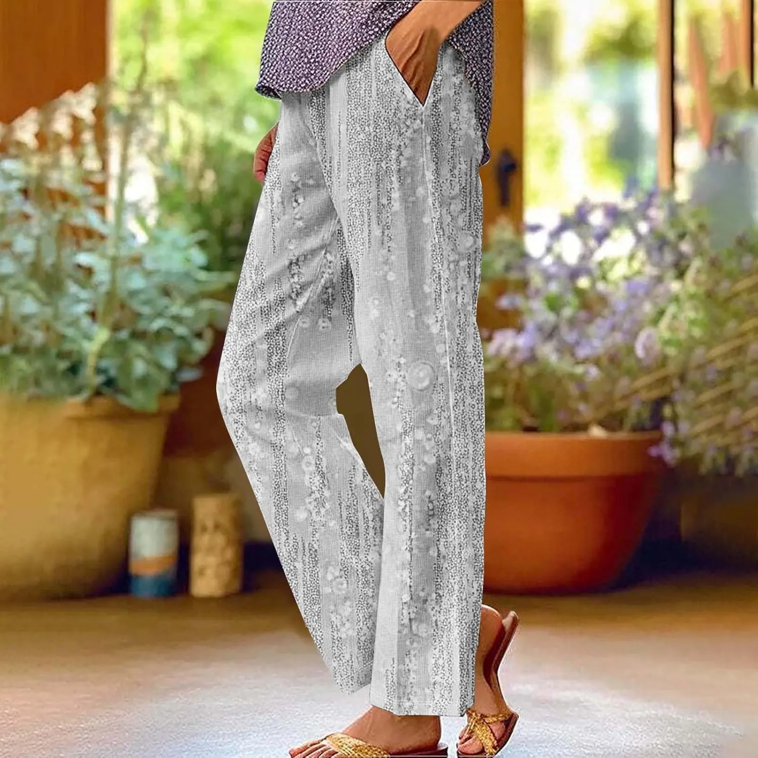 Linen Pants for Women High Waisted Wide Leg Trousers Trendy Gradient Color Printed Elastic Waist Summer Gauze Pants