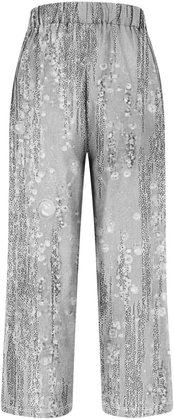 Linen Pants for Women High Waisted Wide Leg Trousers Trendy Gradient Color Printed Elastic Waist Summer Gauze Pants
