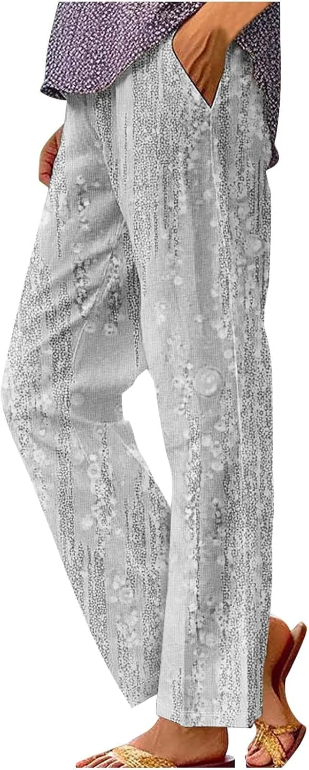 Linen Pants for Women High Waisted Wide Leg Trousers Trendy Gradient Color Printed Elastic Waist Summer Gauze Pants