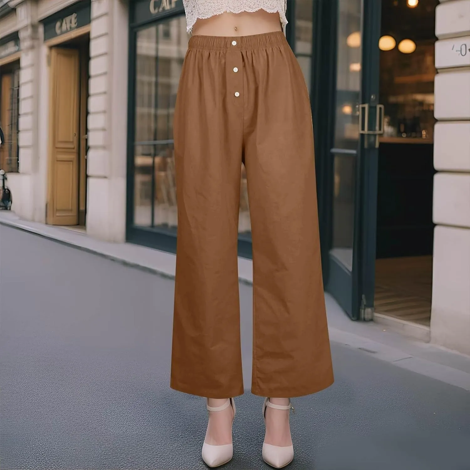 Linen Pants for Women Summer High Waisted Wide Leg Palazzo Pants Palazzo Pant Dressy Trouser with Pockets (S-2Xl)