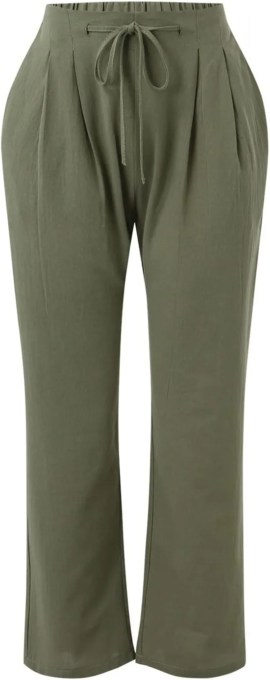 Linen Pants Women Capri Pants Cotton Wide Leg High Waisted Dressy Trousers Loose Business Work Lounge Trousers