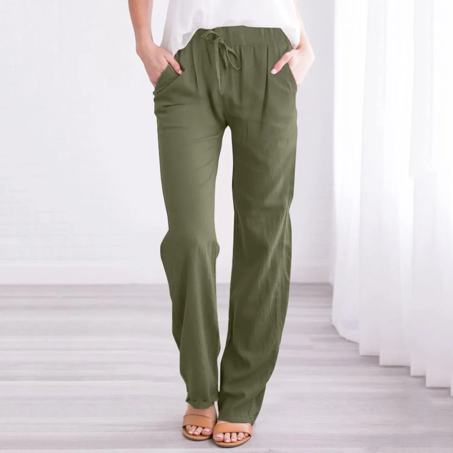 Linen Pants Women Capri Pants Cotton Wide Leg High Waisted Dressy Trousers Loose Business Work Lounge Trousers