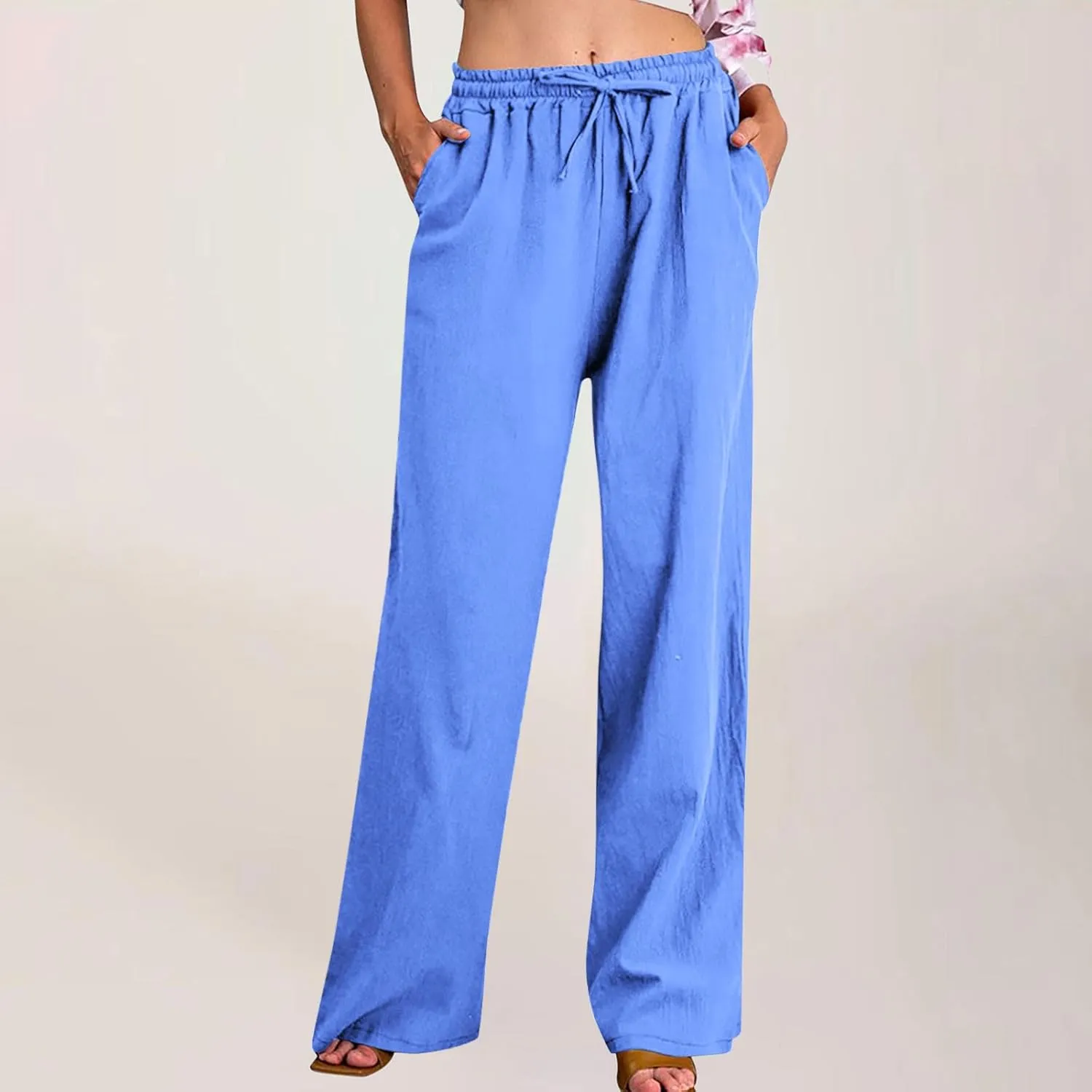 Linen Pants Women High Waisted Drawstring Palazzo Pant 2025 Summer Flowy Cotton Linen Beach Slack Trousers with Pocket
