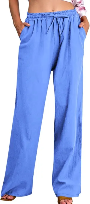 Linen Pants Women High Waisted Drawstring Palazzo Pant 2025 Summer Flowy Cotton Linen Beach Slack Trousers with Pocket