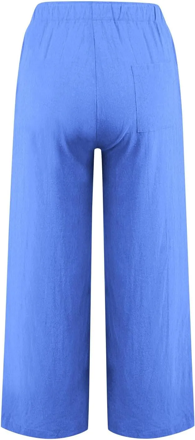 Linen Pants Women High Waisted Drawstring Palazzo Pant 2025 Summer Flowy Cotton Linen Beach Slack Trousers with Pocket