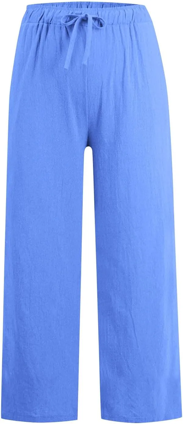 Linen Pants Women High Waisted Drawstring Palazzo Pant 2025 Summer Flowy Cotton Linen Beach Slack Trousers with Pocket