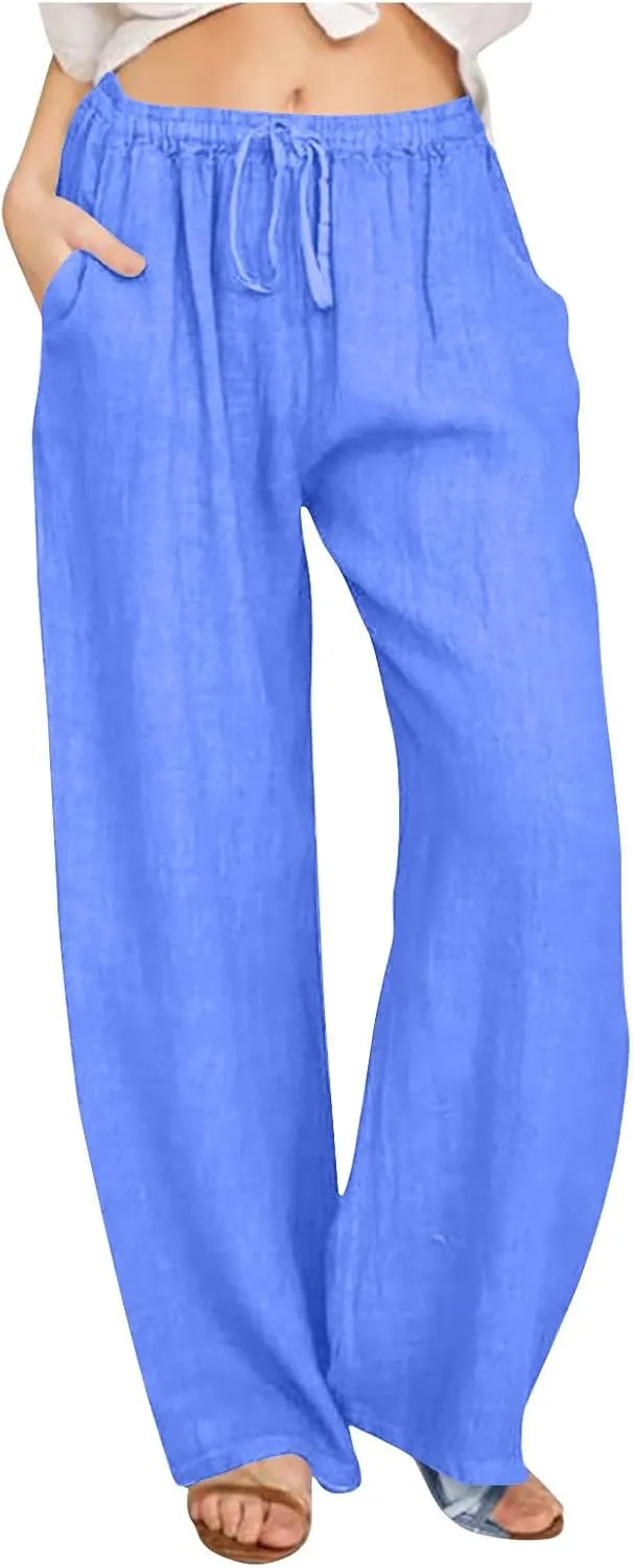 Linen Pants Women High Waisted Drawstring Palazzo Pant 2025 Summer Flowy Cotton Linen Beach Slack Trousers with Pocket