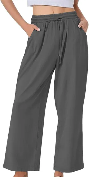 Linen Pants Women Lightweight Capri Pants Cotton Elastic Waist Trousers Casual Loose Summer Lounge Long Trousers