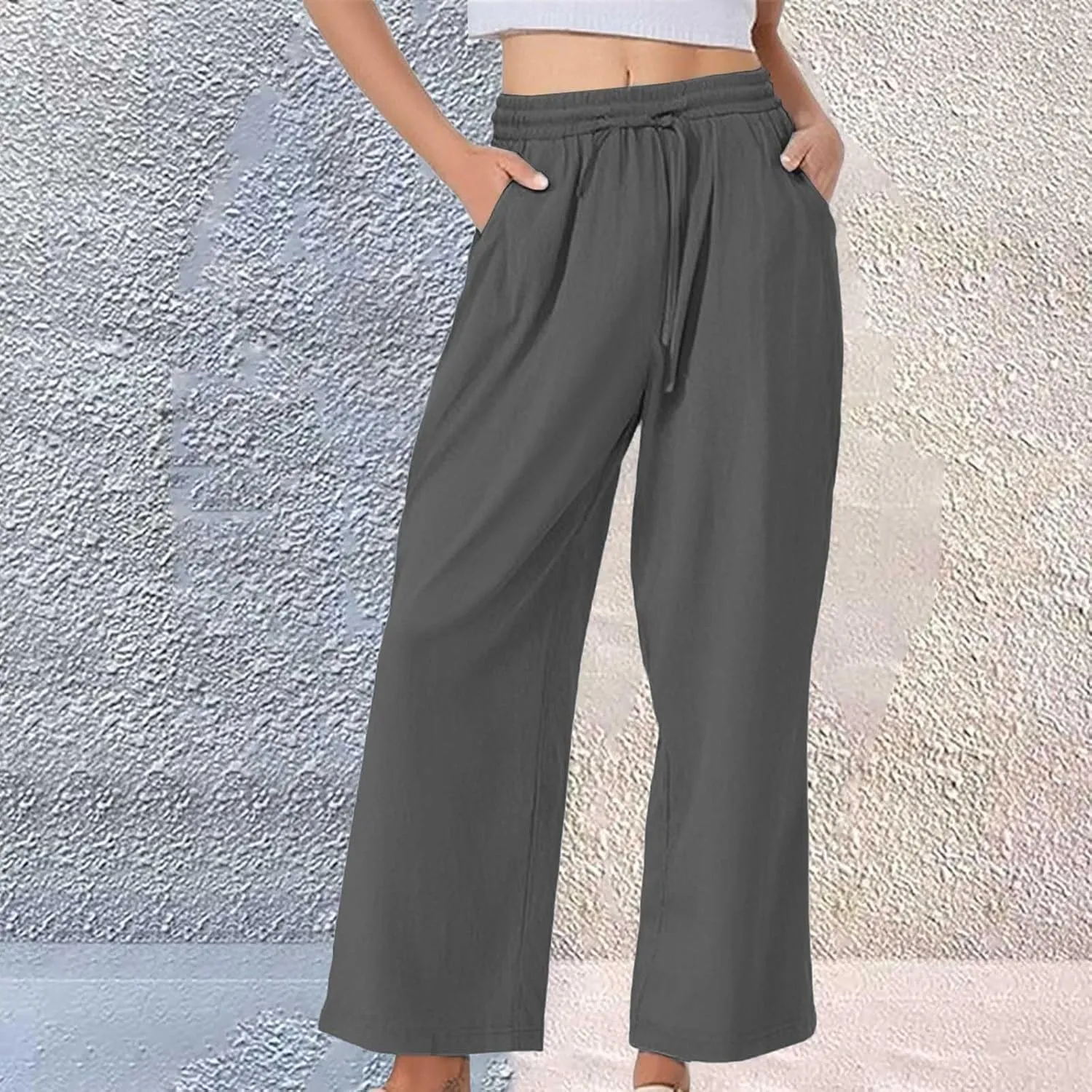 Linen Pants Women Lightweight Capri Pants Cotton Elastic Waist Trousers Casual Loose Summer Lounge Long Trousers