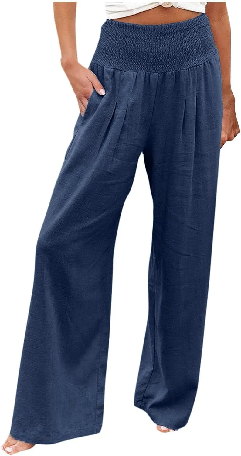 Linen Pants Women Plus Size Boho Women's Loose Trousers Linen High Waist Wide Leg Pants Pockets for Spring Summer