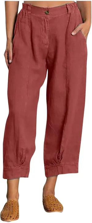 Linen Pants Women Plus Size Short Women's Casual Cotton Linen Baggy Pants with Elastic Waist Relax Fit Lantern Trouser
