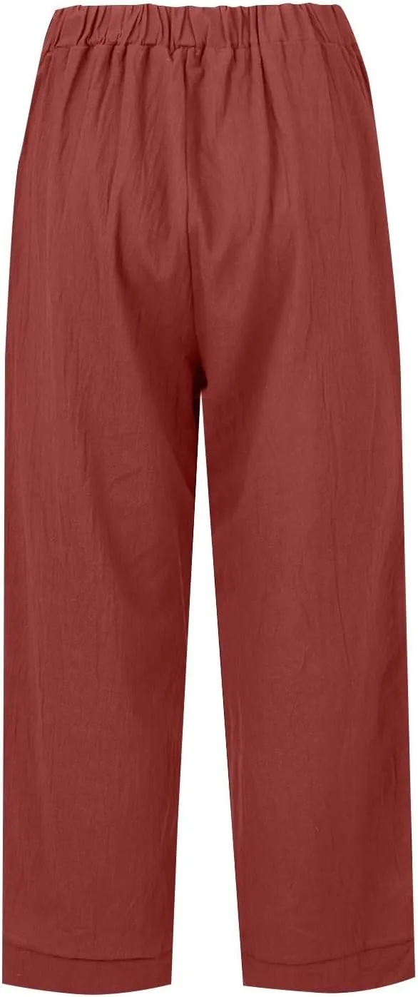 Linen Pants Women Plus Size Short Women's Casual Cotton Linen Baggy Pants with Elastic Waist Relax Fit Lantern Trouser