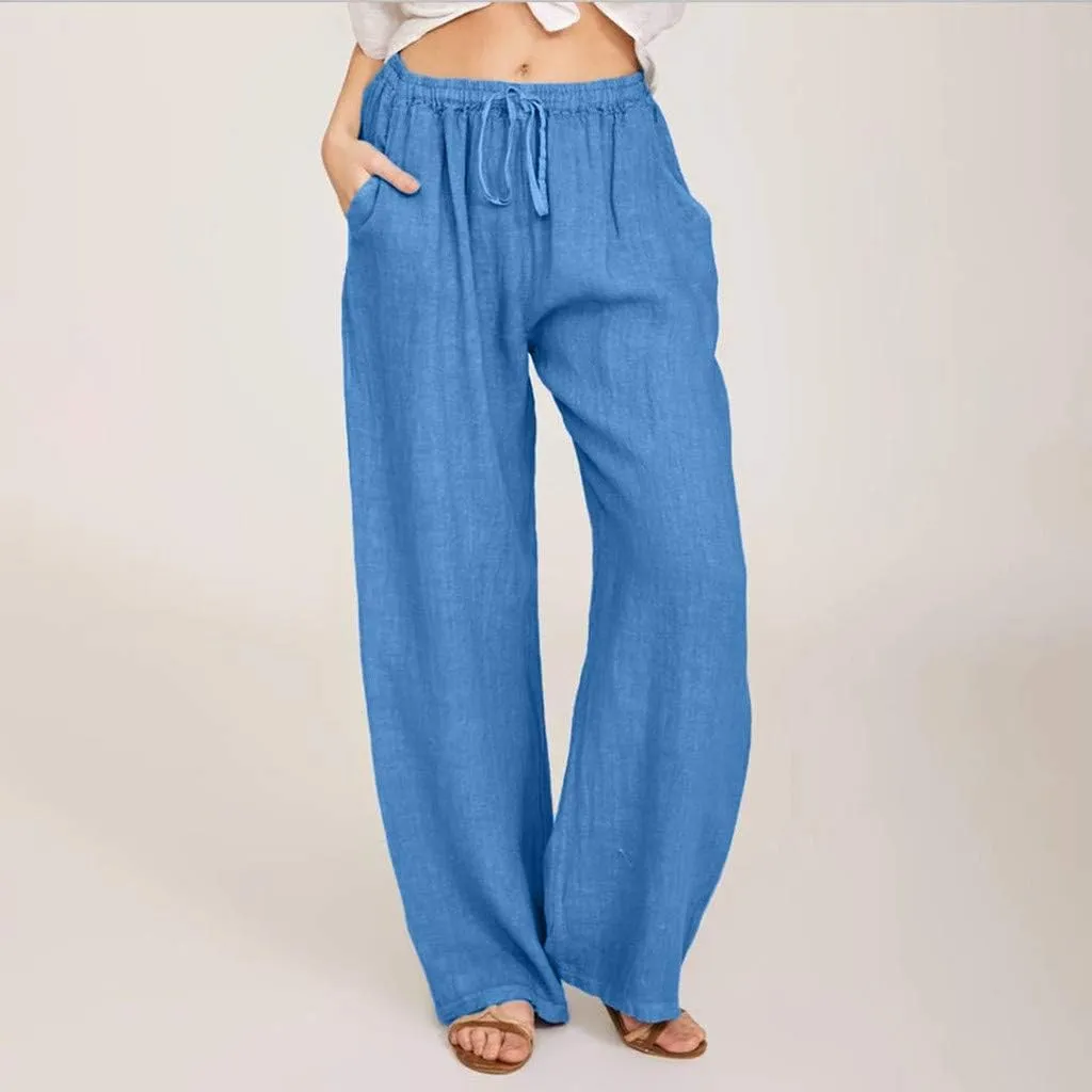 Linen Pants Women Summer 2025 Drawstring Waist Wide Leg Pants Lounge Palazzo Pants Loose Flowy Beach Vacation Outfits