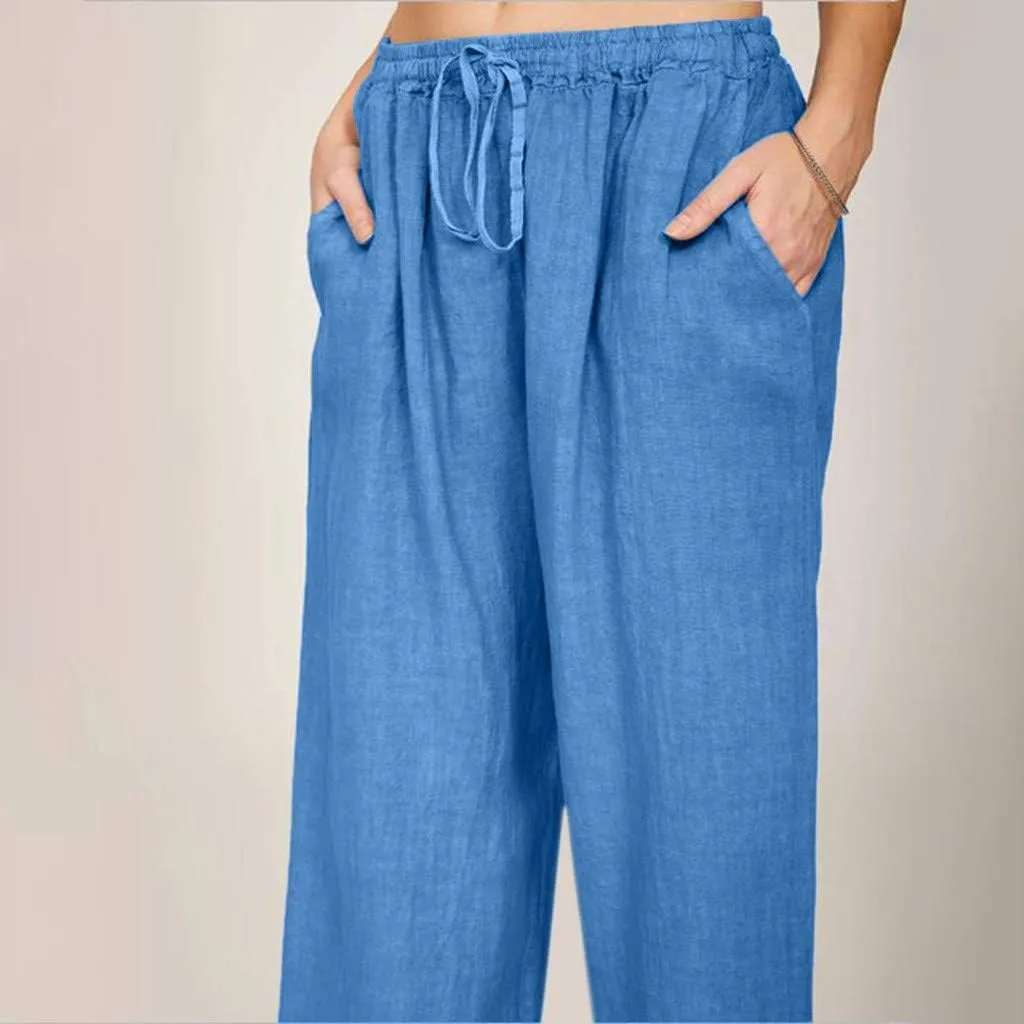 Linen Pants Women Summer 2025 Drawstring Waist Wide Leg Pants Lounge Palazzo Pants Loose Flowy Beach Vacation Outfits