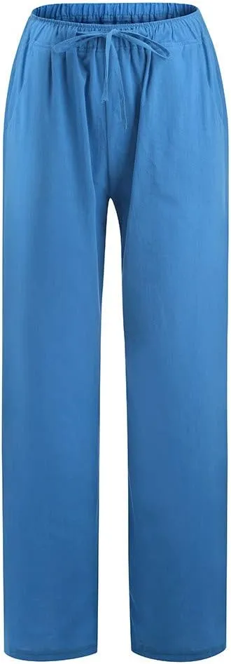 Linen Pants Women Summer 2025 Drawstring Waist Wide Leg Pants Lounge Palazzo Pants Loose Flowy Beach Vacation Outfits