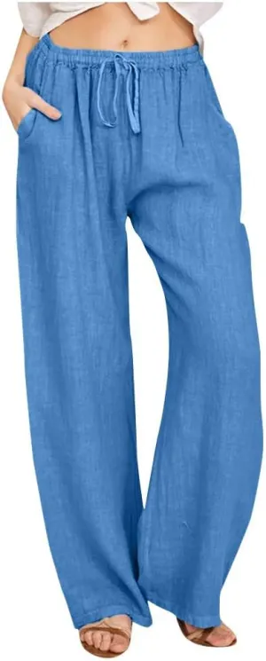 Linen Pants Women Summer 2025 Drawstring Waist Wide Leg Pants Lounge Palazzo Pants Loose Flowy Beach Vacation Outfits