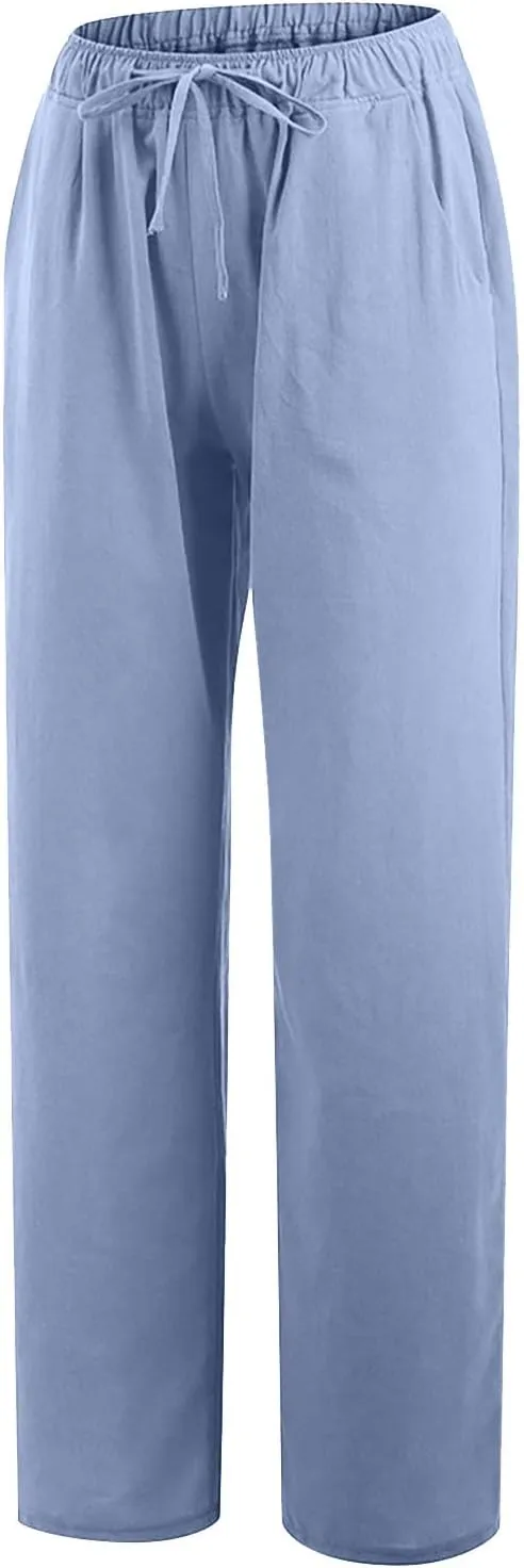 Linen Pants Women Summer High Waisted Pants Casual Wide Leg Pant Drawstring Elastic Waist Pant Flowy Beach Trousers