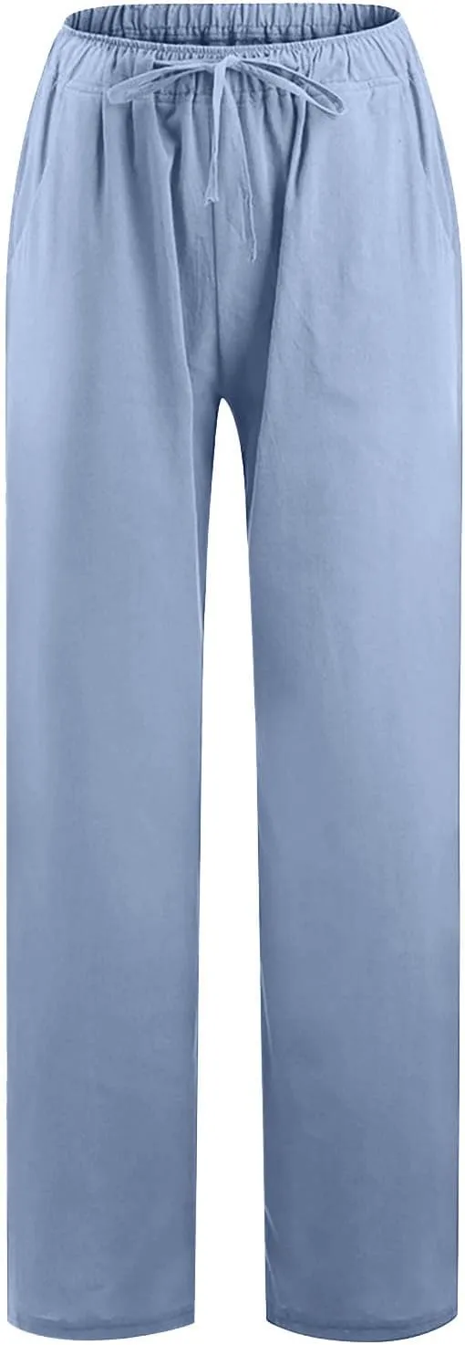 Linen Pants Women Summer High Waisted Pants Casual Wide Leg Pant Drawstring Elastic Waist Pant Flowy Beach Trousers