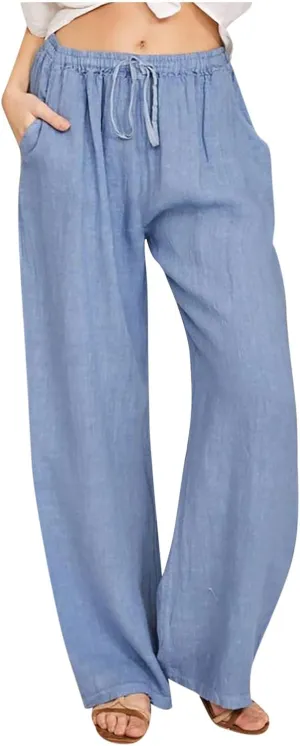 Linen Pants Women Summer High Waisted Pants Casual Wide Leg Pant Drawstring Elastic Waist Pant Flowy Beach Trousers