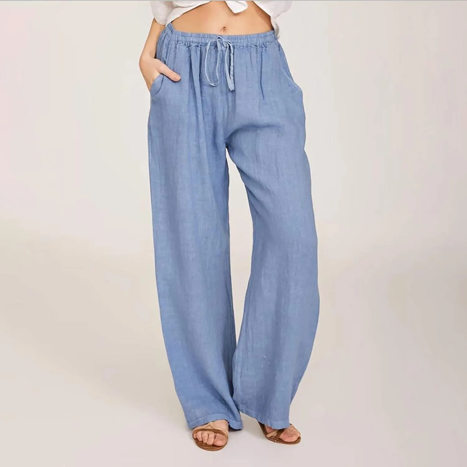Linen Pants Women Summer High Waisted Pants Casual Wide Leg Pant Drawstring Elastic Waist Pant Flowy Beach Trousers