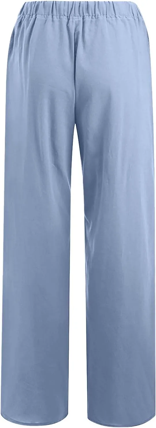 Linen Pants Women Summer High Waisted Pants Casual Wide Leg Pant Drawstring Elastic Waist Pant Flowy Beach Trousers